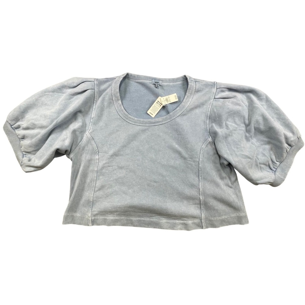 NWT Aerie Womens XXL Light Blue Acid Wash Puff Sleeve Cropped Sweatshirt
